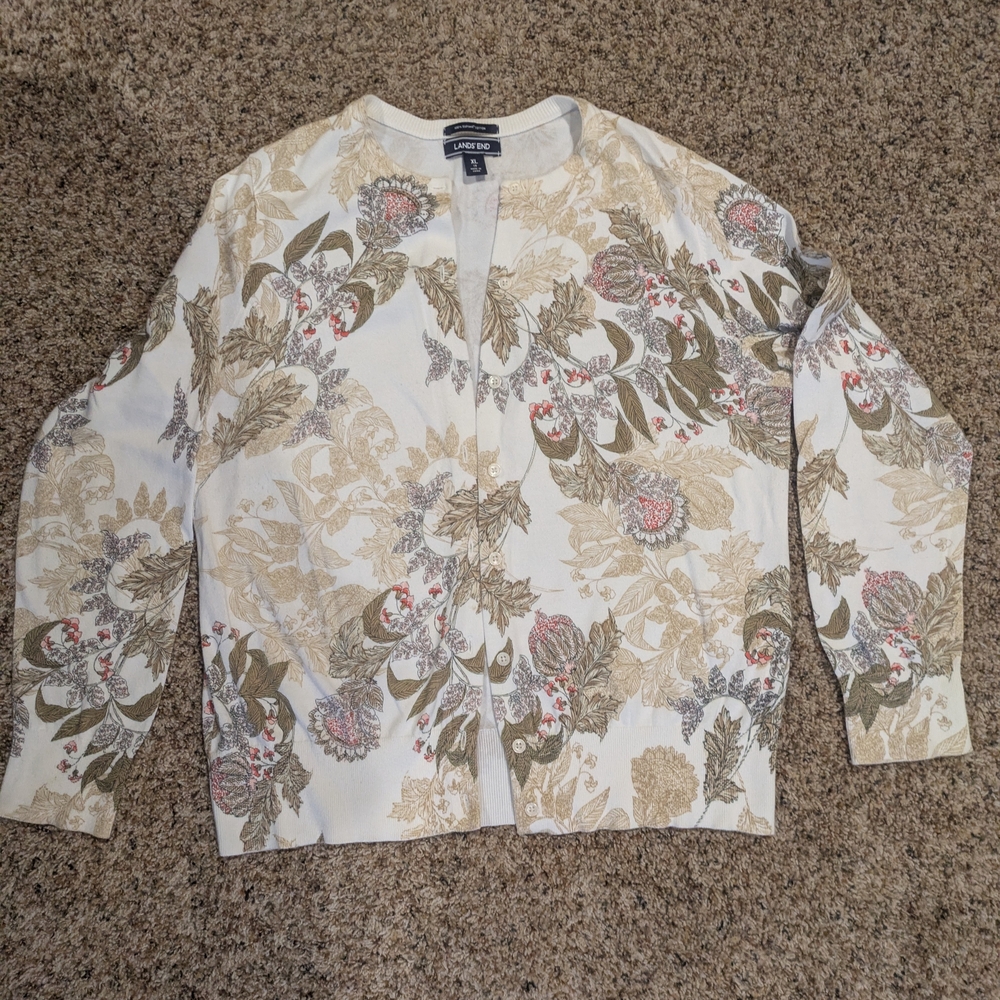Lands' End Women's Floral Cardigan - Cream and Green